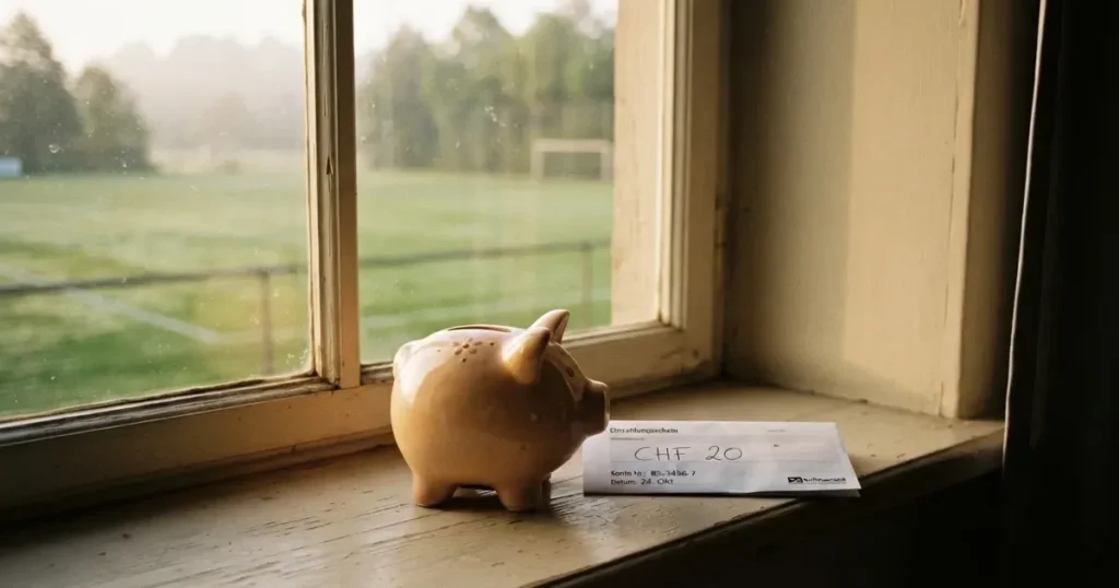 Ein kleines Sparschwein aus Keramik steht auf einem Fensterbrett, im Hintergrund ein verschwommener Rasenplatz im Morgenlicht.
