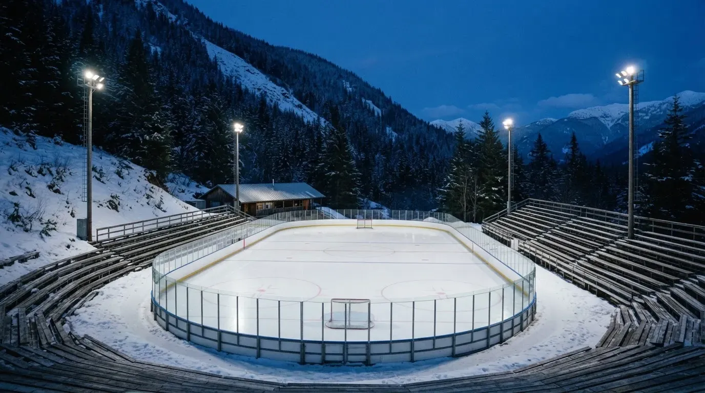 Eine Eishalle von Weitem unter Flutlicht, die leere Eisfläche glänzt, auf den Rängen sitzt niemand, draussen liegt Schnee.