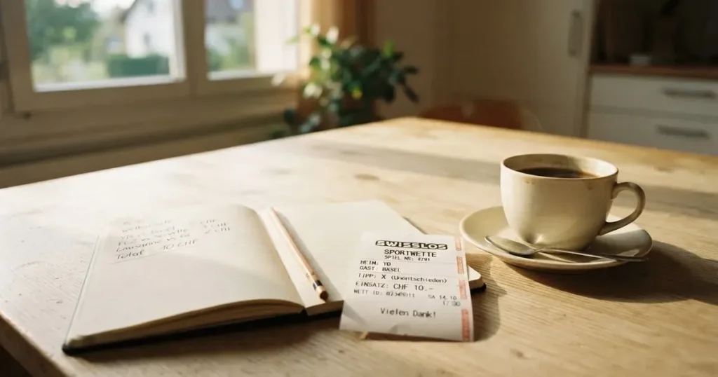Ein Taschenrechner und ein Bleistift liegen auf einem hellen Küchentisch neben einer Tasse Kaffee, Sonnenlicht fällt schräg über die Tischplatte.