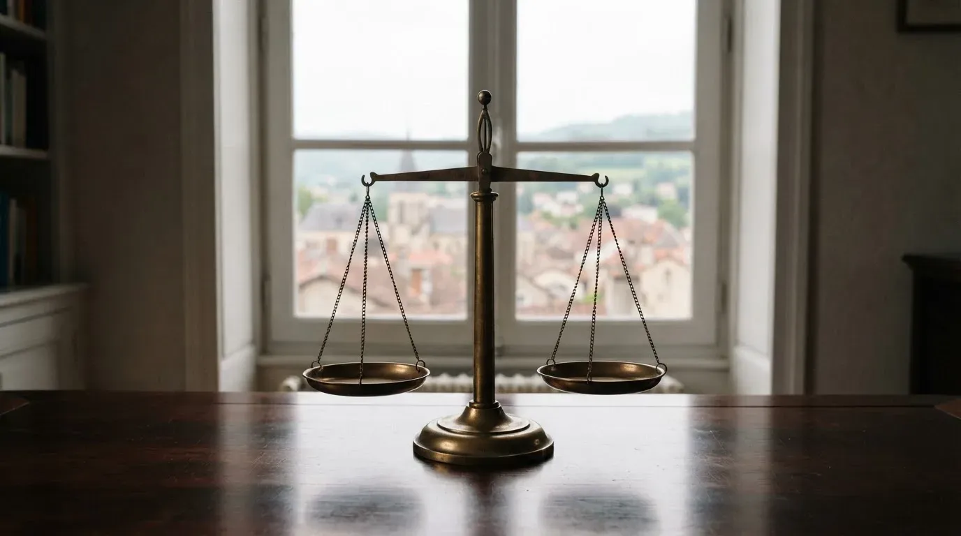 Eine Waage aus Messing steht auf einem polierten Schreibtisch vor einem Fenster mit Blick auf Dächer und sanfte Hügel.