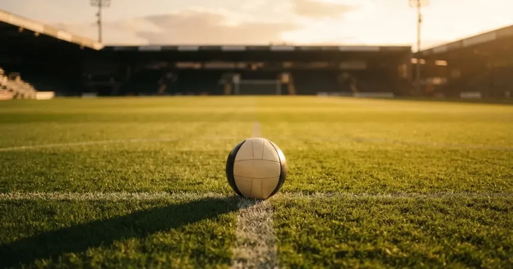 Ein Fussball liegt auf dem Mittelkreis eines Rasenfelds, die weissen Linien kreuzen sich auf dem gepflegten Gras im warmen Abendlicht.