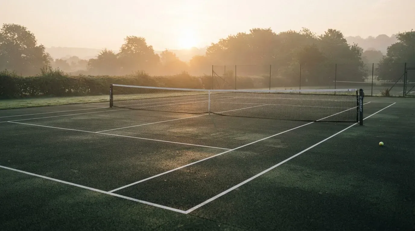 Ein Tennisplatz bei Sonnenaufgang, die Linien frisch gezogen, das Netz in der Mitte und Nebel über dem Boden.