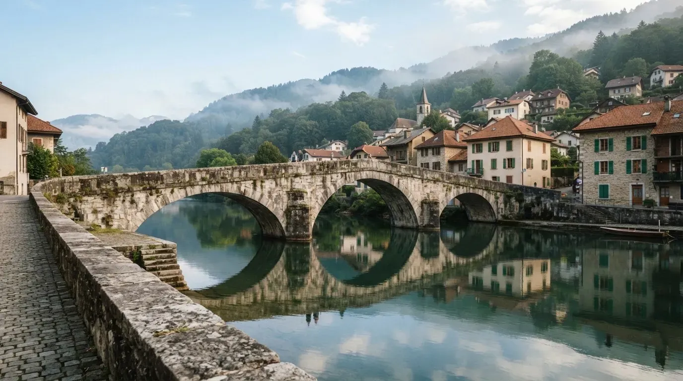 Eine alte Steinbrücke über einen ruhigen Fluss, dahinter Häuser mit Ziegeldächern und bewaldete Hügel.