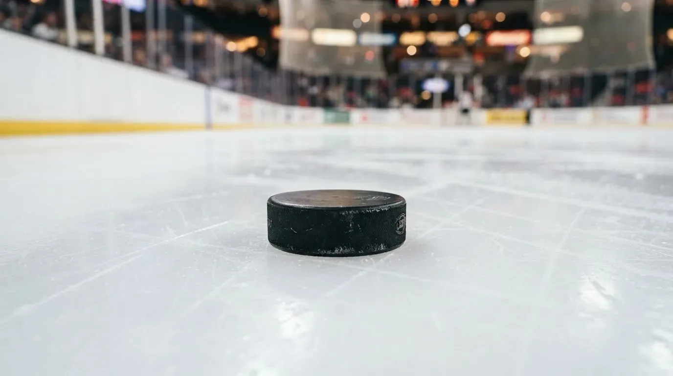 Ein Eishockeypuck liegt auf dem Eis, im Hintergrund unscharf die Bande unter hellem Hallenlicht.