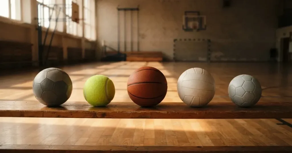 Fünf Sportbälle verschiedener Sportarten stehen in einer Reihe auf einer Holzbank in einer Turnhalle, Licht fällt durch hohe Fenster.