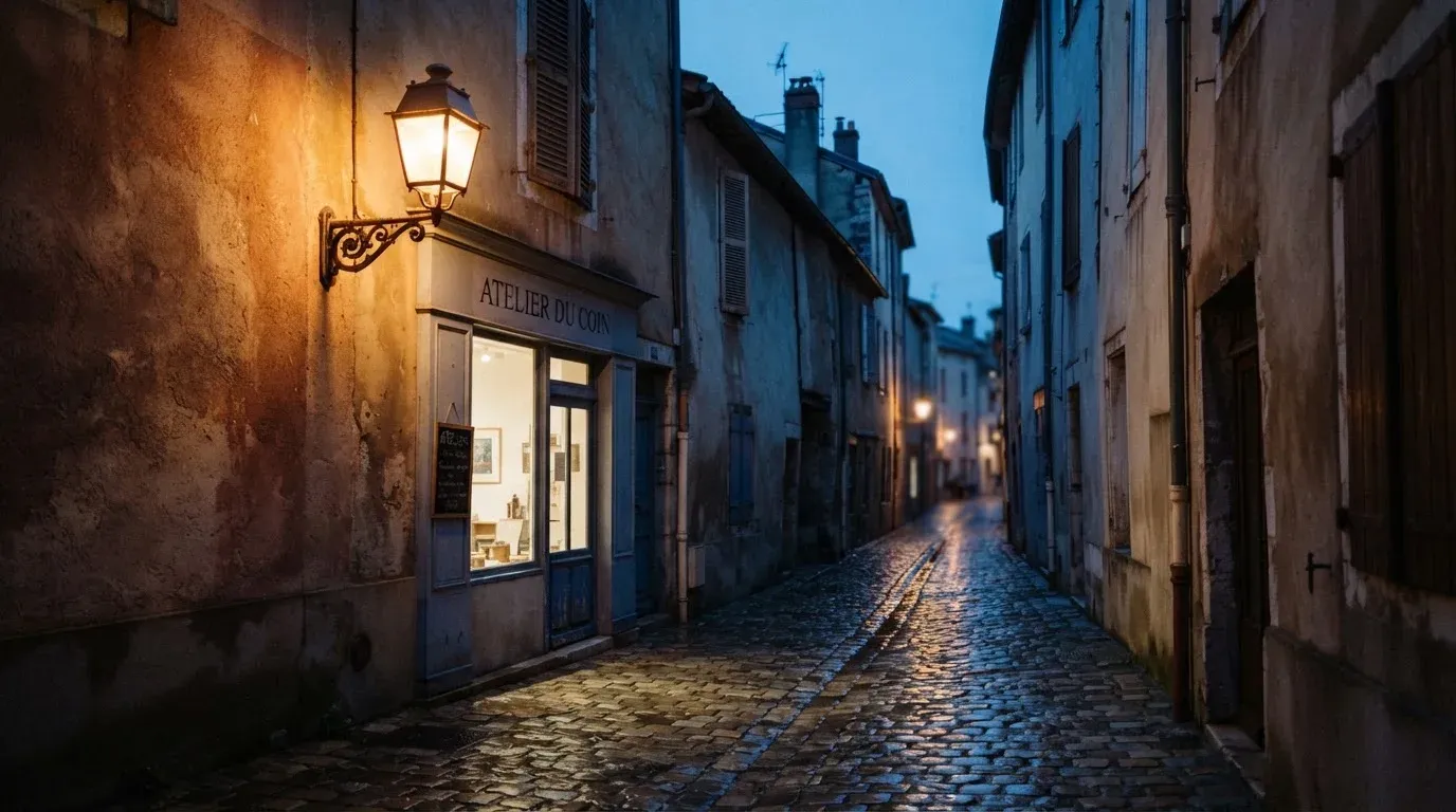 Eine Strassenlaterne in einer leeren Gasse am Abend, das nasse Kopfsteinpflaster spiegelt das warme Licht.