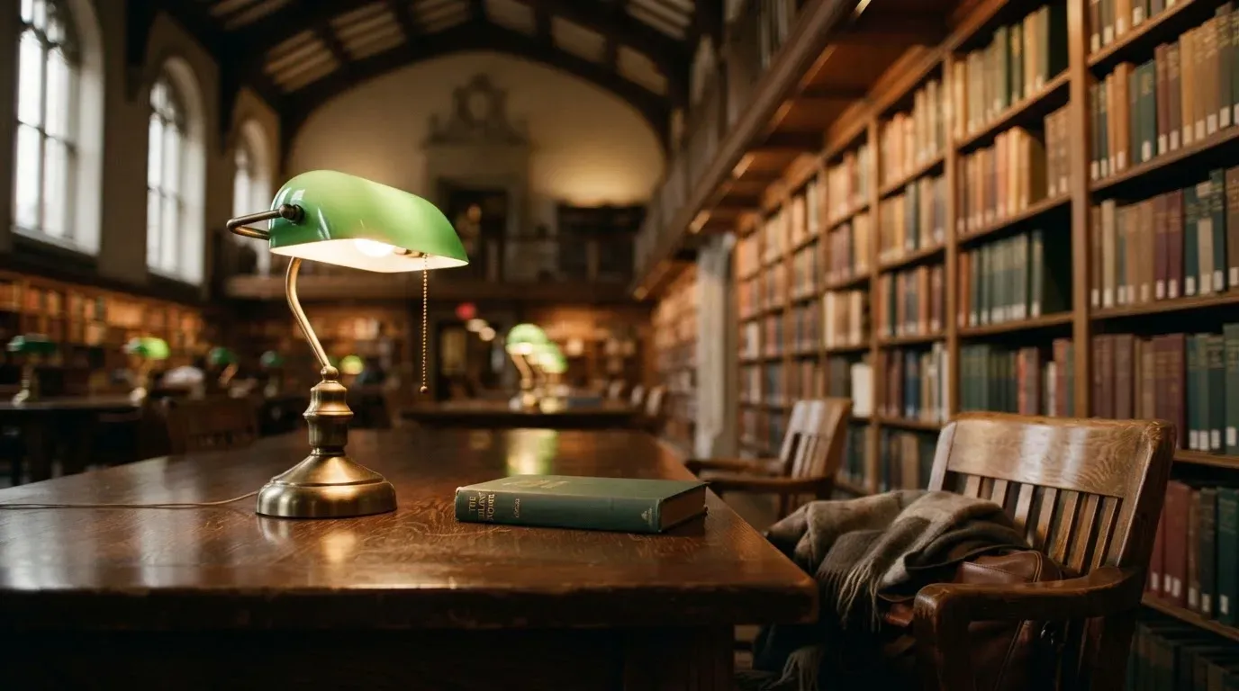 Eine Bibliothek mit hohen Holzregalen voller Bücher, im Vordergrund ein Lesetisch mit grüner Lampe.
