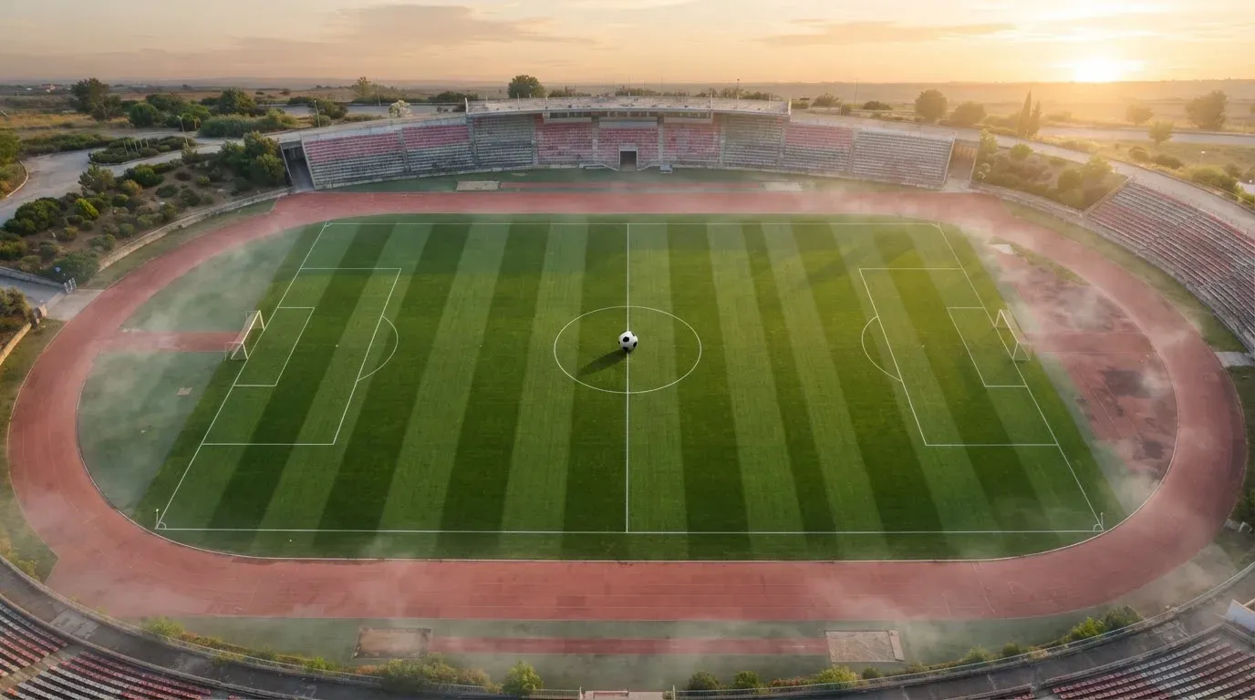 Ein Fussballplatz von oben gesehen, die Linien bilden ein helles Muster auf dem Rasen, Drohnenperspektive in der Morgendämmerung.