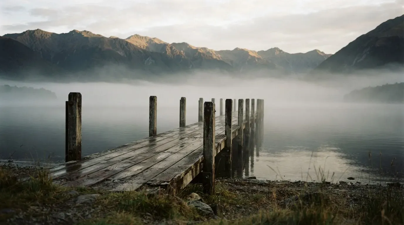 Ein Seeufer mit einem hölzernen Steg, Nebel liegt über dem Wasser, am anderen Ufer erheben sich Berge.
