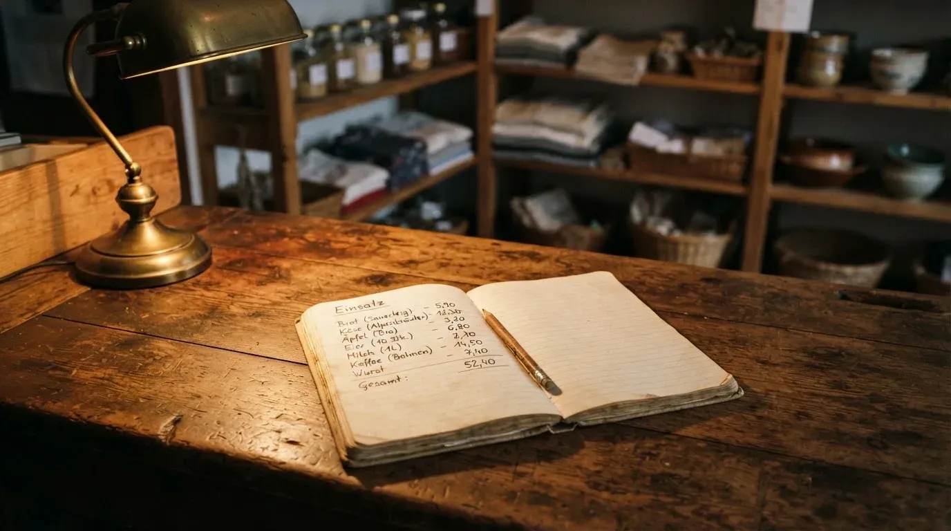 Ein alter Holztresen mit einem Notizbuch und einem Taschenrechner in warmem Lampenlicht, Regale im Hintergrund.