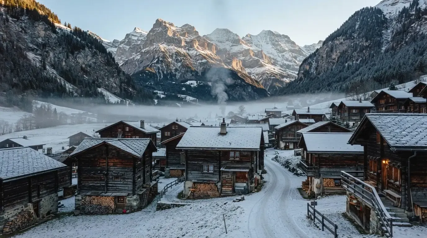 Ein Bergdorf mit Holzhäusern im Tal an einem klaren Morgen, über den Dächern liegen Nebelschwaden und im Hintergrund die Gipfel.