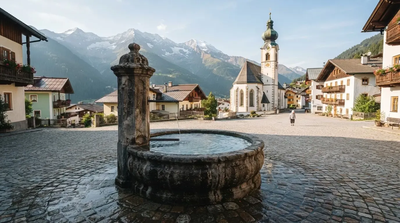 Ein Brunnen auf einem Dorfplatz mit Kopfsteinpflaster, im Hintergrund eine Kirche mit Zwiebelturm und Berge.