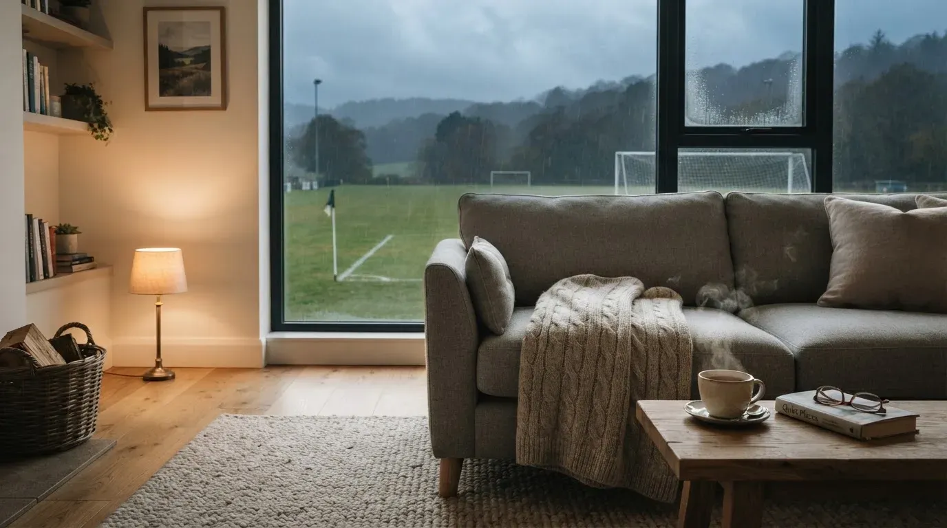 Ein Sofa mit Wolldecke steht vor einem grossen Fenster, draussen Regen und in der Ferne ein Fussballplatz.