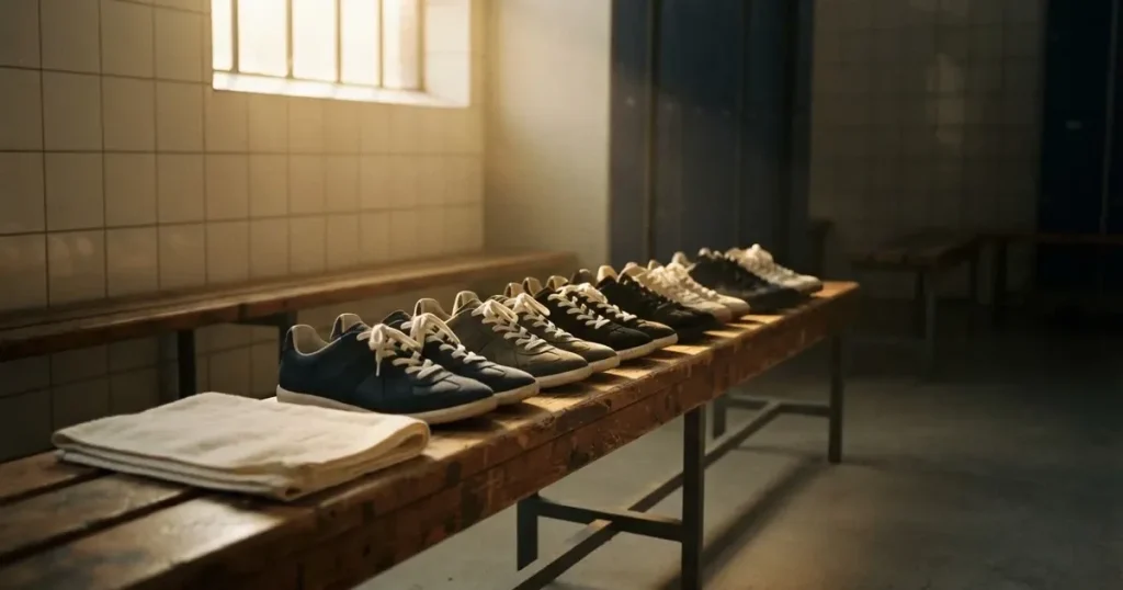 Eine Reihe Sportschuhe steht auf einer Bank in einer Umkleide, Licht fällt aus einem hohen Fenster.