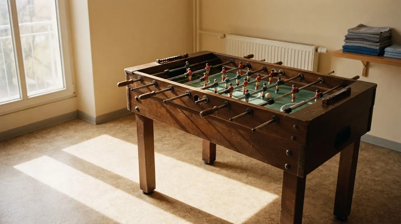 Ein Tischfussballtisch steht in einem leeren Aufenthaltsraum, Nachmittagslicht fällt durch ein Fenster.