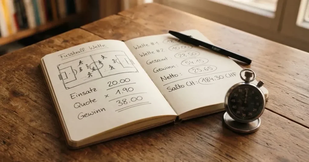 Ein aufgeschlagenes Notizbuch mit handschriftlichen Notizen und Skizzen liegt neben einer Stoppuhr auf einem Holztisch.