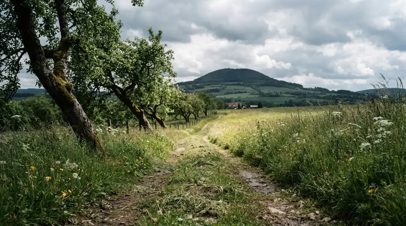 Ein Feldweg führt zwischen Wiesen zu einem Hügel, der Himmel ist bewölkt, am Wegrand stehen Obstbäume.
