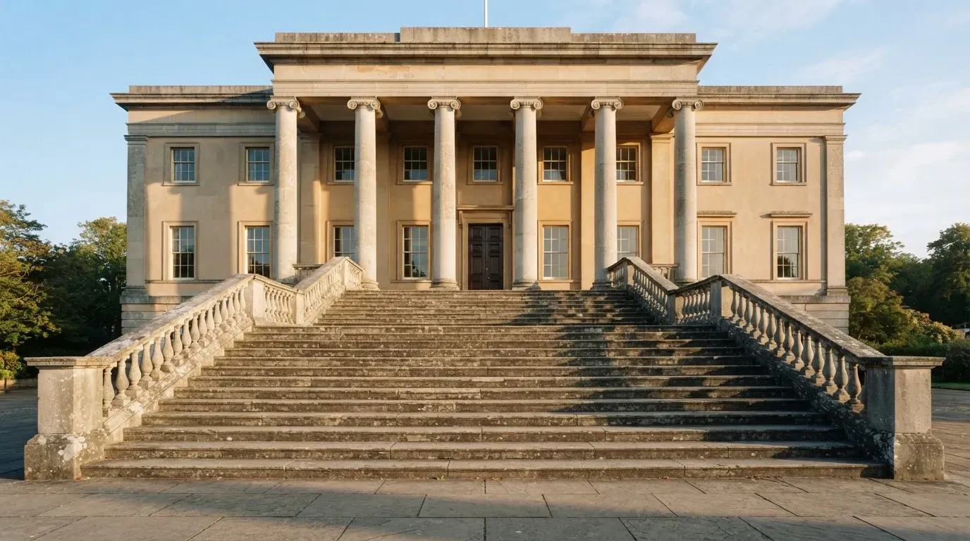 Eine breite Steintreppe führt zu einem Gebäude mit Säulen, die Morgensonne scheint, niemand ist zu sehen.