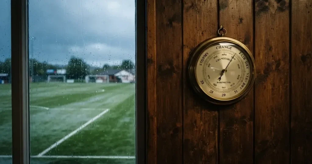Ein Wetterbarometer hängt an einer Holzwand neben einem Fenster, draussen liegt ein nasser Fussballplatz im Regen.