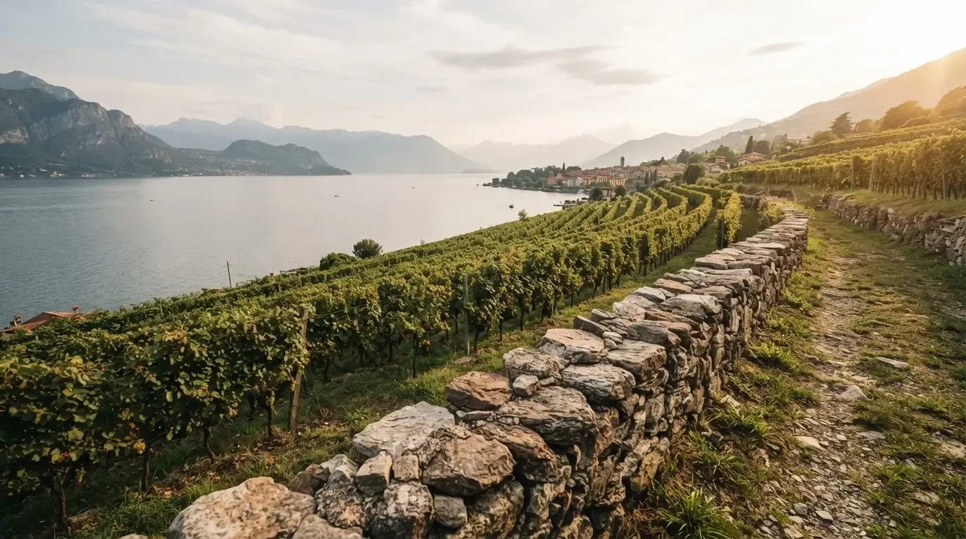 Eine Mauer aus Natursteinen am Wegrand, dahinter Weinberge, die zu einem See hinabführen.
