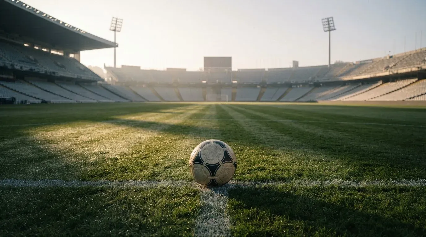Ein Fussball liegt auf dem Anstosspunkt eines leeren Rasenplatzes im frühen Morgenlicht, dahinter erhebt sich eine menschenleere Tribüne.