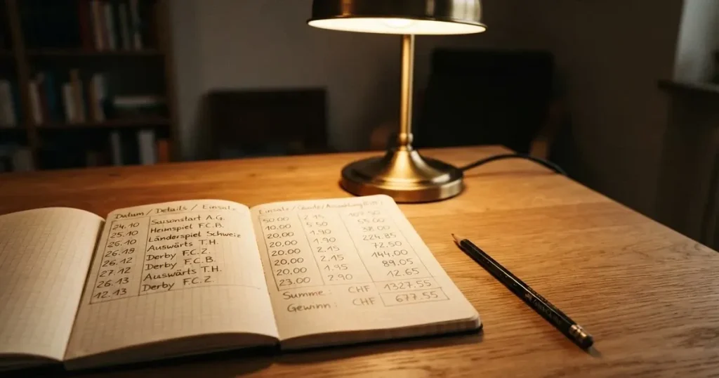 Ein aufgeschlagenes Notizbuch mit handschriftlichen Strichlisten und Spalten liegt neben einem Bleistift auf einem Holztisch im warmen Licht einer Schreibtischlampe.