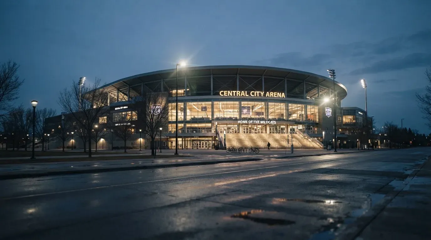 Ein grosses Eisstadion aus der Ferne gesehen, hell erleuchtet von Flutlicht in der Abenddämmerung, davor eine leere Strasse.
