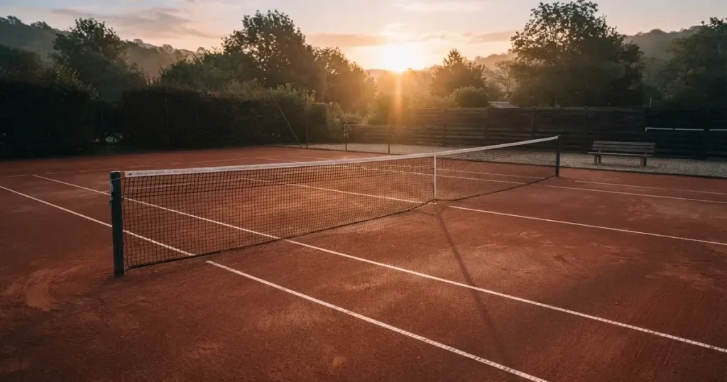 Ein Sandplatz für Tennis liegt bei Sonnenaufgang still da, das Netz wirft einen langen Schatten über die weissen Linien.