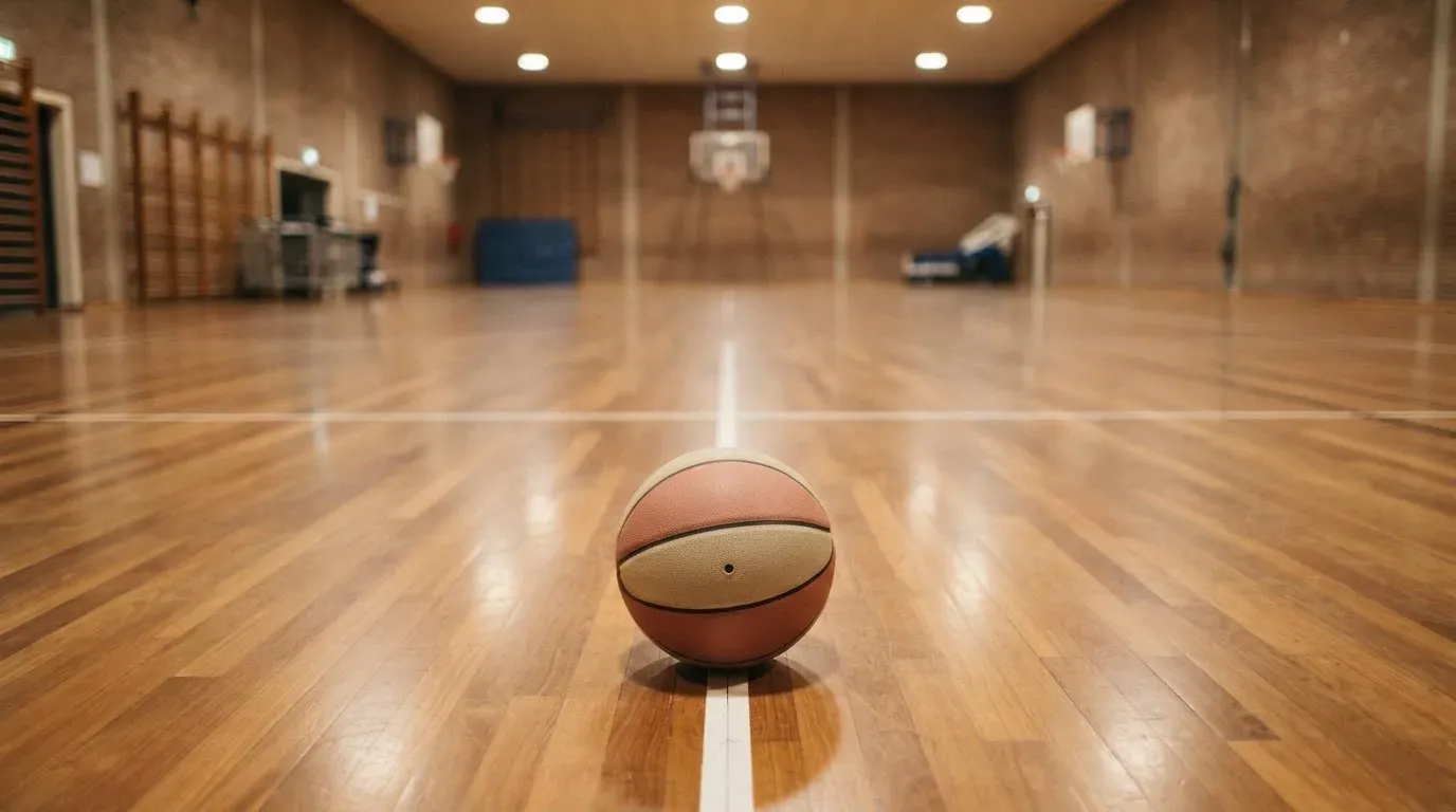 Ein Basketball liegt auf dem Parkett einer leeren Halle, von den Deckenlampen fällt gleichmässiges Licht auf den Boden.