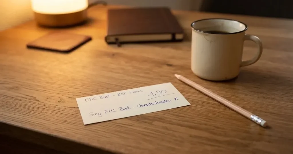 Ein leerer Wettschein aus Papier liegt auf einem Holztisch neben einem Bleistift und einem Kaffeebecher.