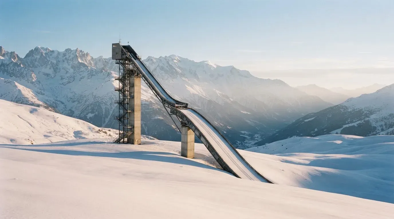 Eine Skisprungschanze erhebt sich vor verschneiten Bergen im Morgenlicht, die Hänge sind unberührt und ruhig.