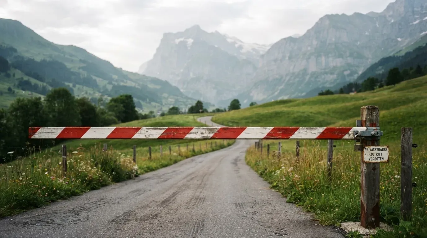 Ein Schlagbaum sperrt eine Landstrasse in den Bergen, dahinter windet sich der Weg zwischen grünen Hängen.
