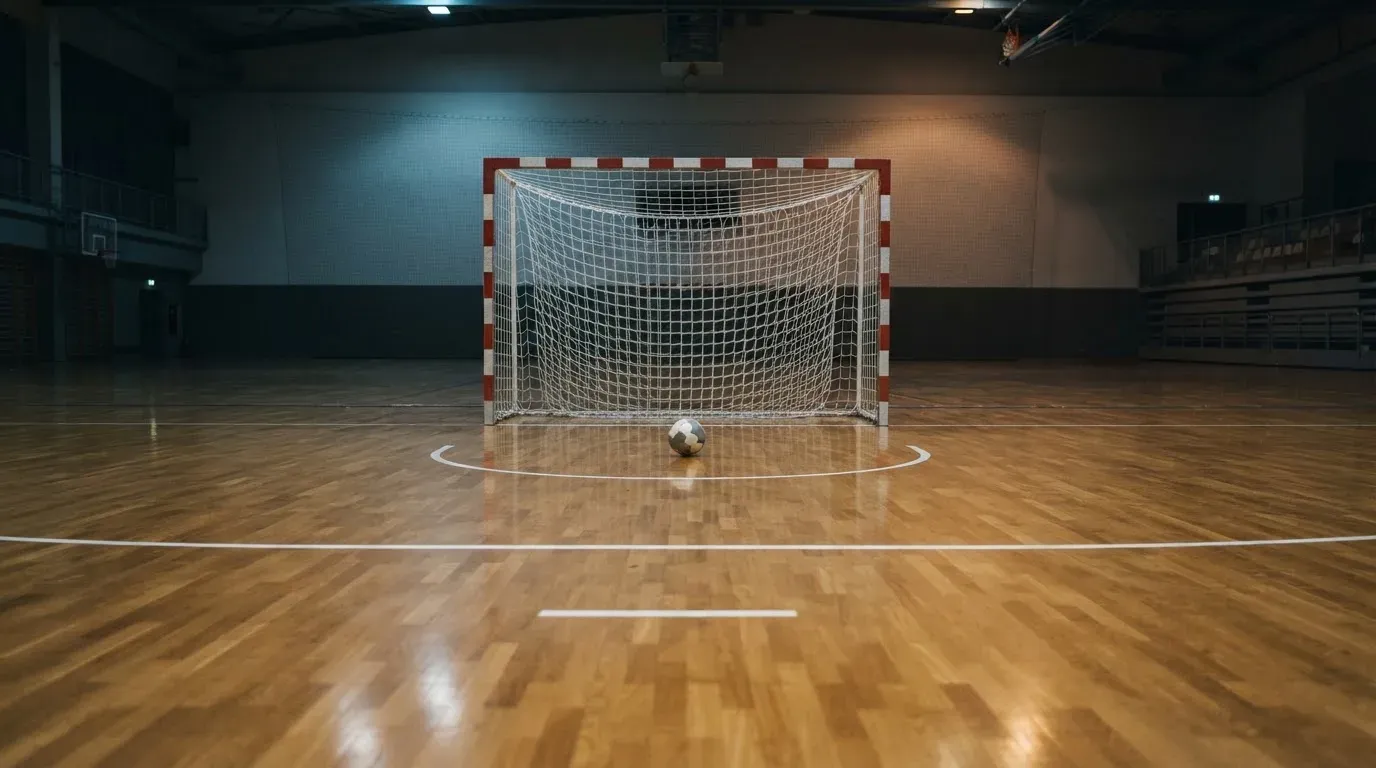 Ein Handballtor in einer leeren Sporthalle, der Ball liegt im Torraum und das Hallenlicht spiegelt sich im Parkett.