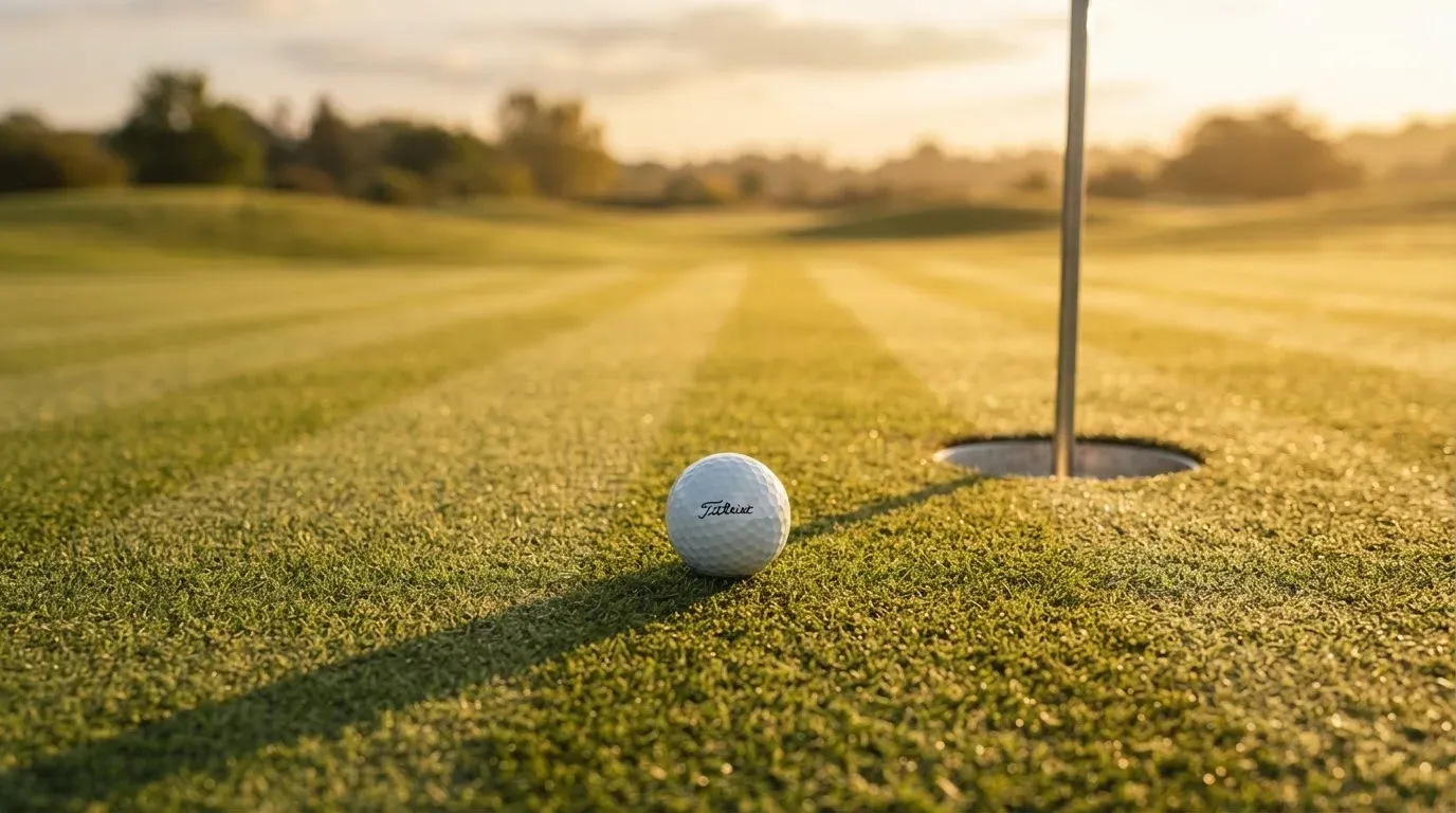 Ein Golfball liegt auf einem gepflegten Grün nahe am Loch, im goldenen Licht der Abendsonne.