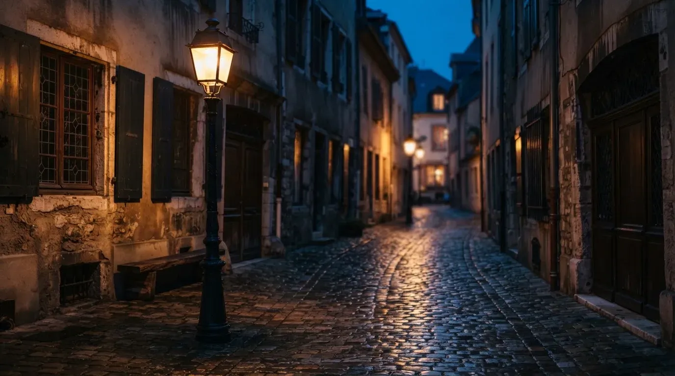 Eine gusseiserne Strassenlaterne in einer ruhigen Altstadtgasse am Abend, das Kopfsteinpflaster glänzt feucht.