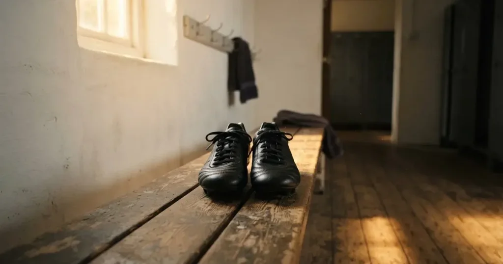 Ein Paar Fussballschuhe steht auf einer Holzbank in einer leeren Umkleide, Morgenlicht fällt durch ein kleines Fenster.
