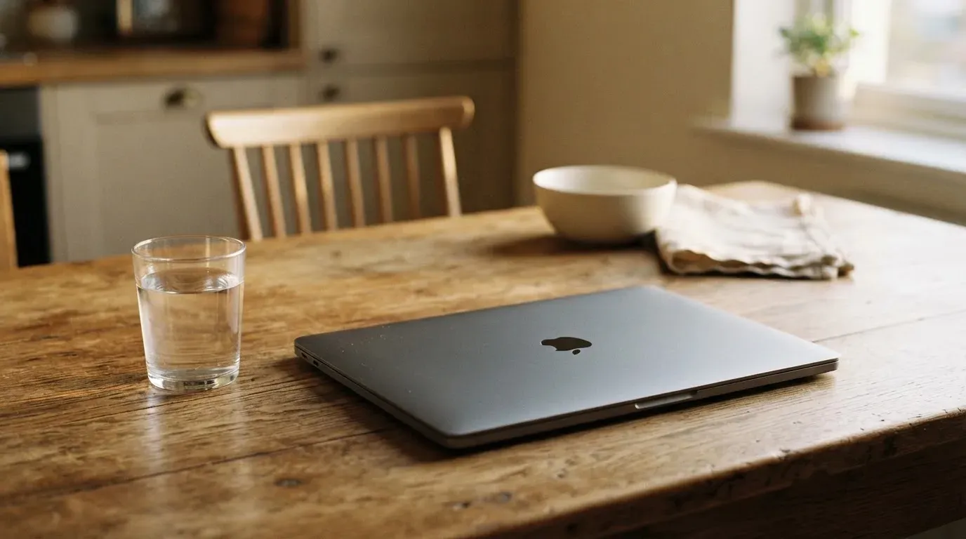 Ein geschlossener Laptop steht neben einem Glas Wasser auf einem Küchentisch im Licht des frühen Morgens.