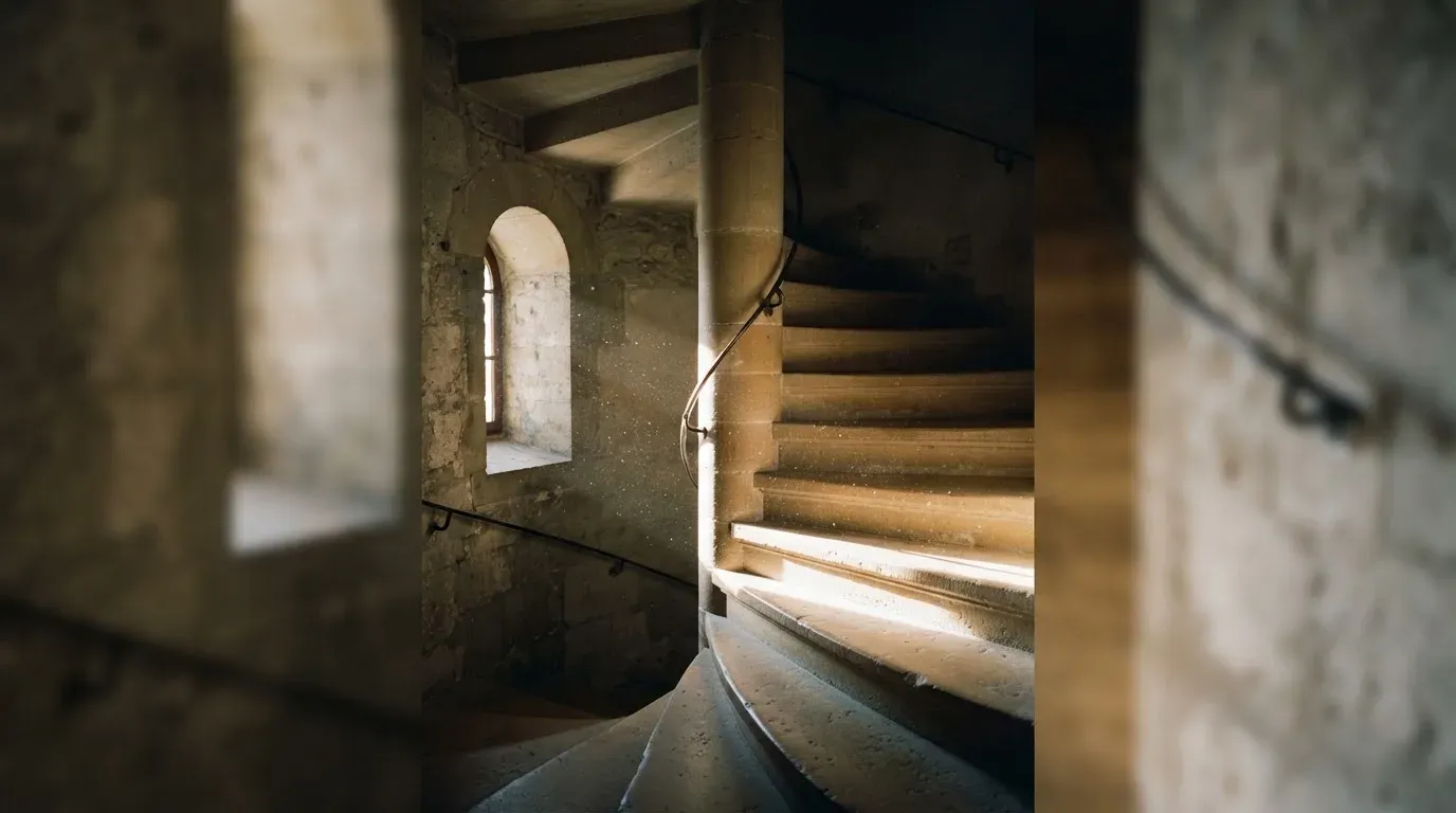 Eine Wendeltreppe aus Stein in einem alten Gebäude, Licht fällt durch ein schmales Fenster auf die Stufen.