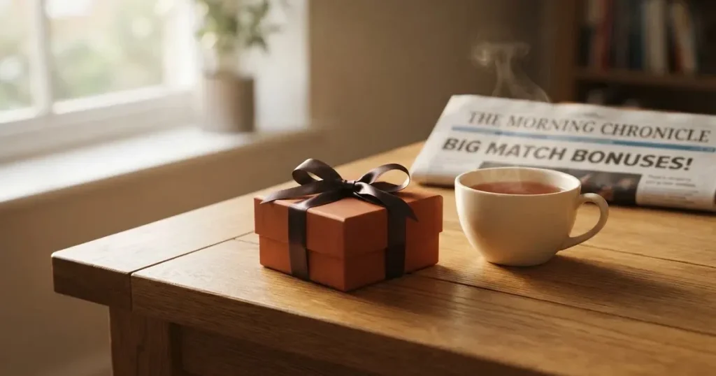 Eine kleine Geschenkschachtel mit Band steht auf einem Holztisch neben einer Tasse Tee im Licht eines Fensters.