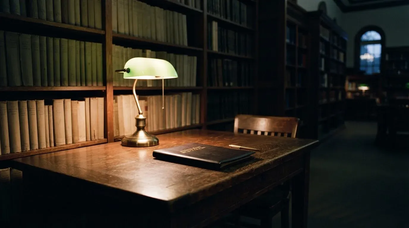 Eine Tischlampe mit grünem Schirm leuchtet auf einem Schreibtisch in einer stillen Bibliothek mit hohen Regalen.