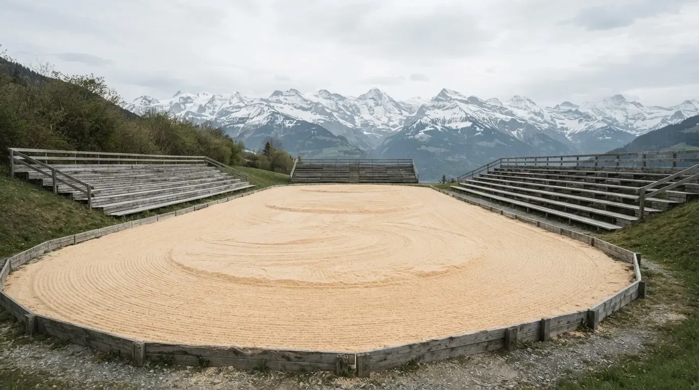 Ein Sägemehlring zwischen Tribünen aus Holz vor Alpenkulisse, ruhig und menschenleer unter bewölktem Himmel.