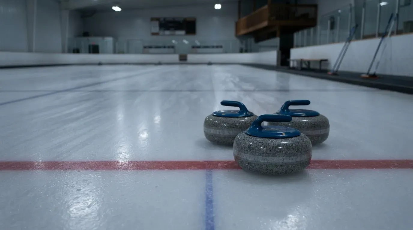 Mehrere Curlingsteine liegen auf einer glatten Eisfläche in einer leeren Halle, Deckenlicht spiegelt sich im Eis.