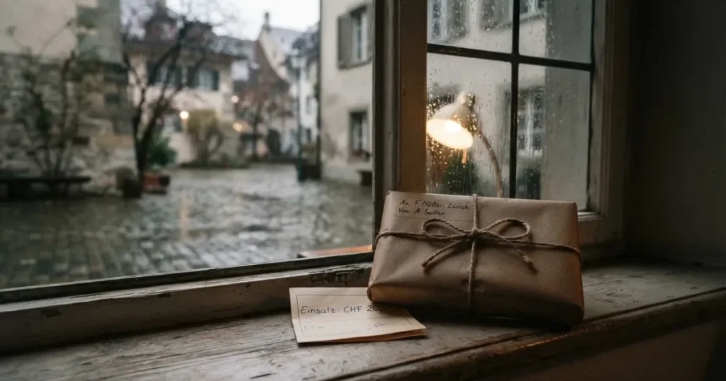 Ein Päckchen in braunem Papier mit Schnur liegt auf einer Fensterbank, draussen ist ein verregneter Hof zu sehen.