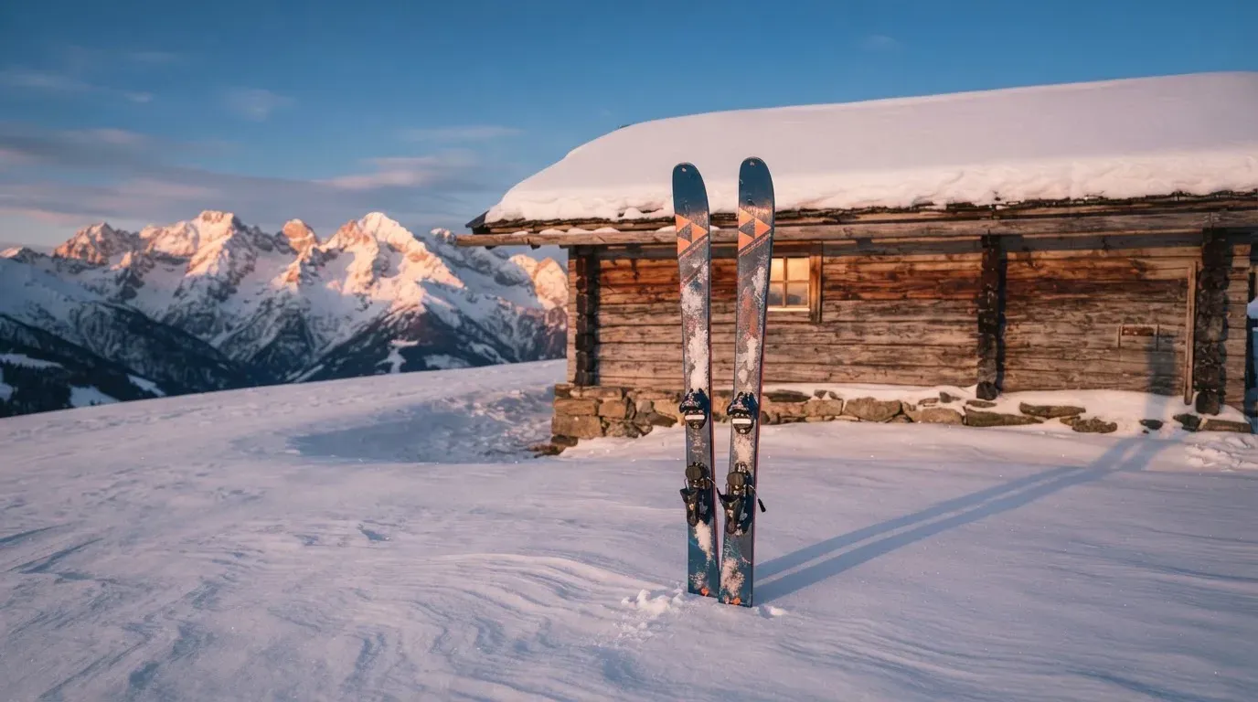 Ein Paar Ski steckt aufrecht im Schnee vor einer Berghütte, im Hintergrund färbt der Sonnenaufgang die Gipfel.
