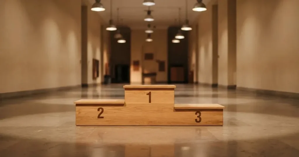 Ein dreistufiges Siegerpodest aus Holz steht in einer leeren Halle, helle Deckenlampen werfen weiche Schatten.