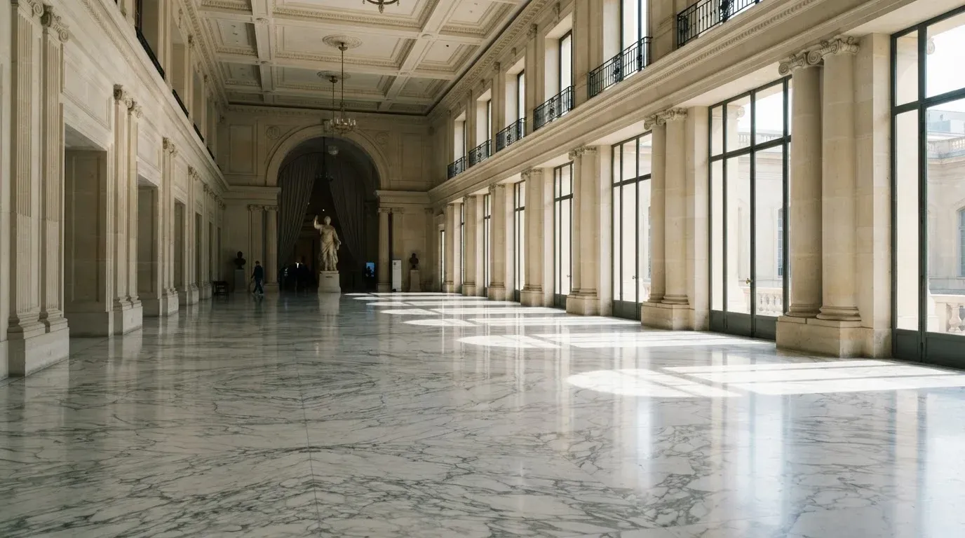Eine Eingangshalle mit Marmorboden und hohen Fenstern ohne Menschen, Tageslicht spiegelt sich auf dem Boden.