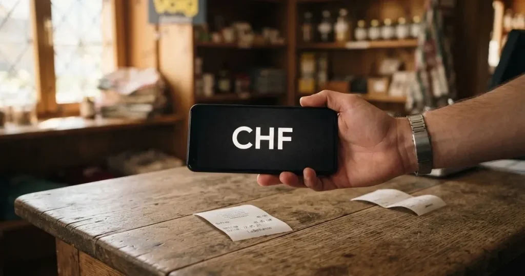 Eine Hand hält ein Smartphone mit dunklem Display knapp über eine hölzerne Ladentheke in einem kleinen Geschäft.