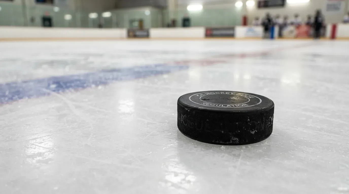 Ein Eishockeypuck liegt in Grossaufnahme auf der Eisfläche, feine Kratzer im Eis glänzen im hellen Hallenlicht.