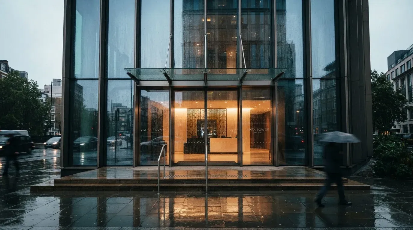 Eine Fassade aus Glas und Stahl am Eingang eines Bürogebäudes im Regen, auf dem nassen Boden spiegelt sich das Licht.