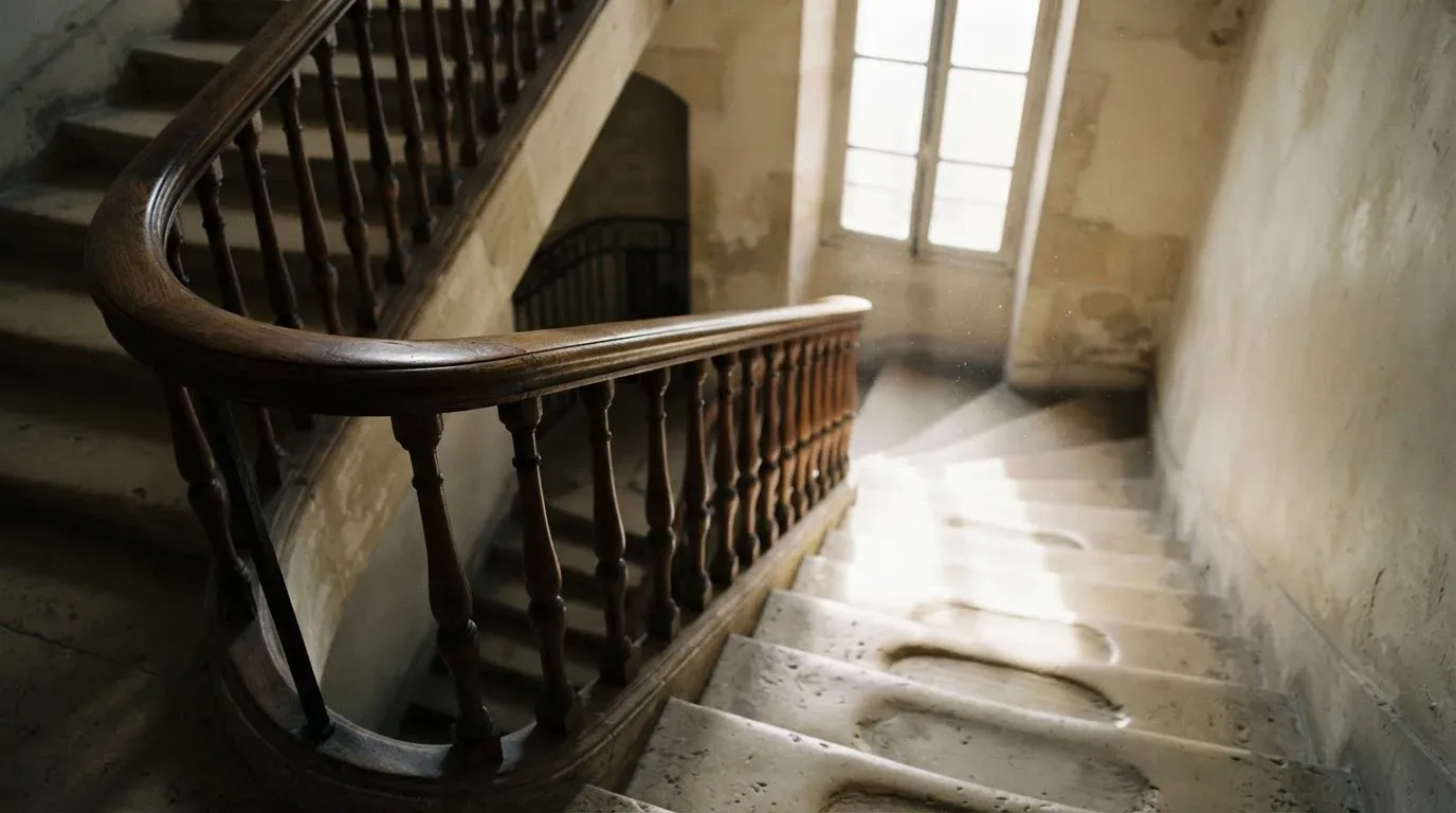 Ein Holzgeländer an einer Treppe in einem Altbau, durch ein Fenster fällt Licht auf die abgetretenen Stufen.